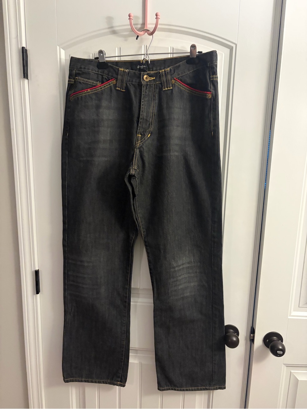 Sean John Black Washed Straight Jeans with Red Pocket Trim